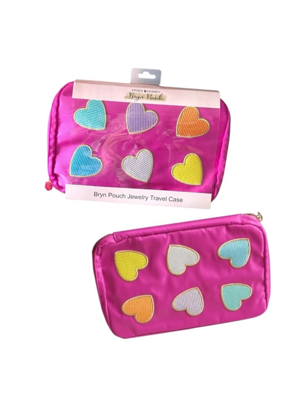 Hives And Honey Bryn Pink Jewelry Pouch with Heart Accents